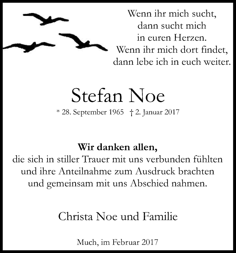  Traueranzeige für Stefan Noe vom 18.02.2017 aus Kölner Stadt-Anzeiger / Kölnische Rundschau / Express