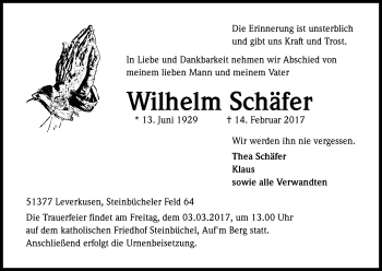 Anzeige von Wilhelm Schäfer von Kölner Stadt-Anzeiger / Kölnische Rundschau / Express