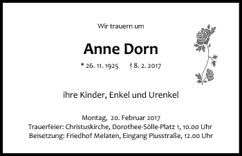 Anzeige von Anna Dorn von Kölner Stadt-Anzeiger / Kölnische Rundschau / Express