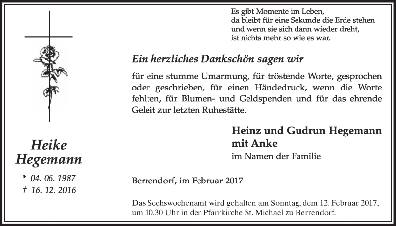  Traueranzeige für Heike Hegemann vom 04.02.2017 aus  Sonntags-Post 