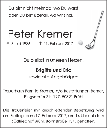 Anzeige von Peter Kremer von  Schlossbote/Werbekurier 