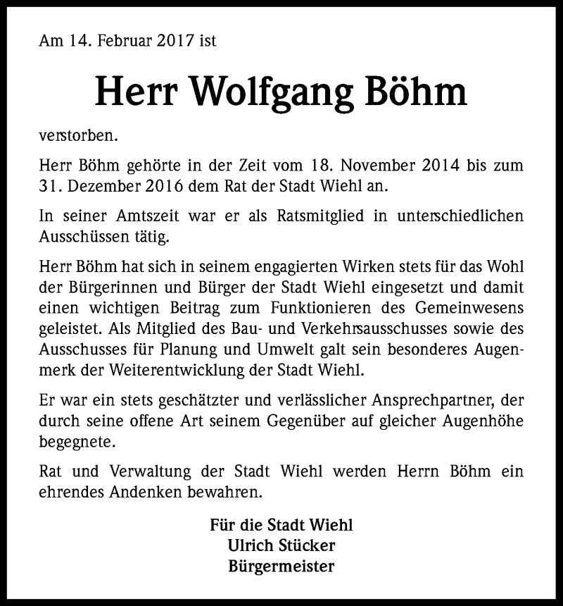  Traueranzeige für Wolfgang Böhm vom 23.02.2017 aus Kölner Stadt-Anzeiger / Kölnische Rundschau / Express