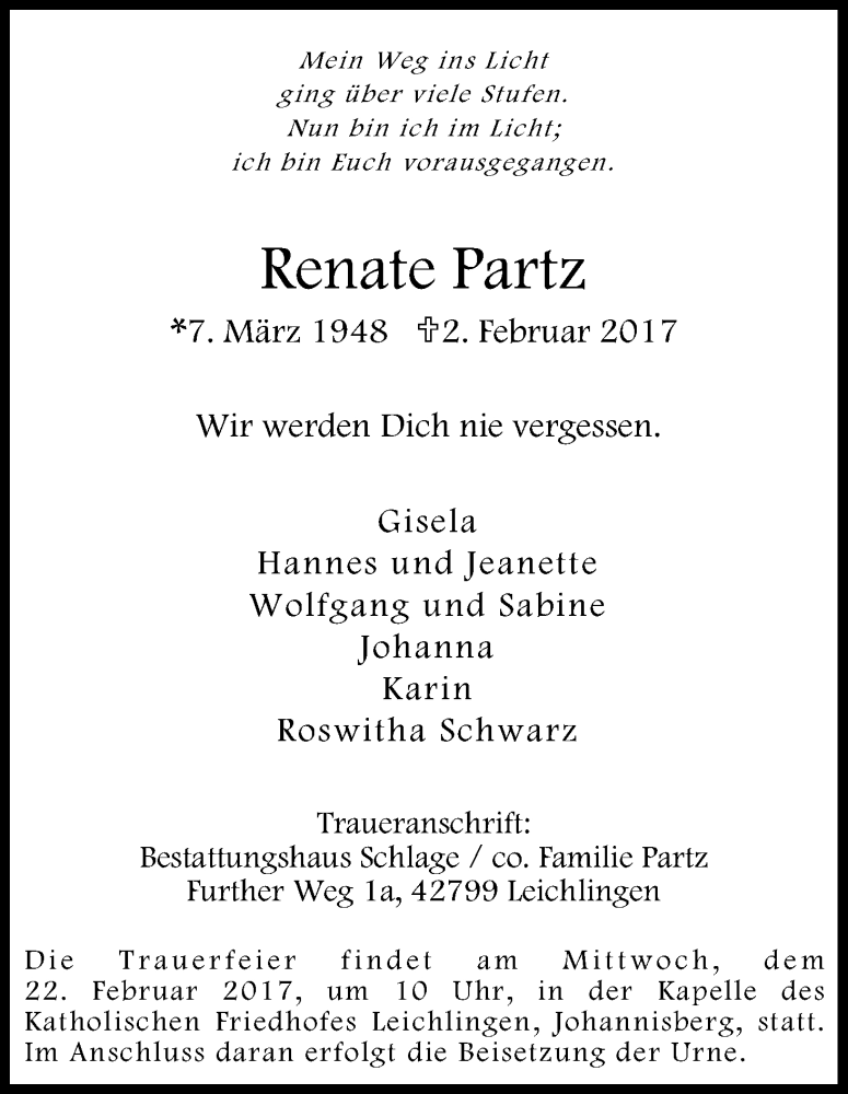  Traueranzeige für Renate Partz vom 18.02.2017 aus Kölner Stadt-Anzeiger / Kölnische Rundschau / Express