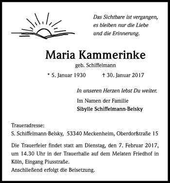 Anzeige von Maria Kammerinke von Kölner Stadt-Anzeiger / Kölnische Rundschau / Express