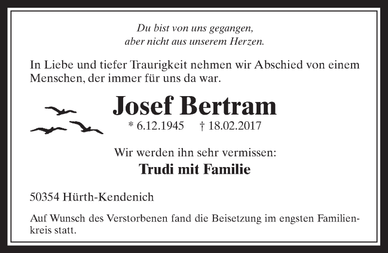  Traueranzeige für Josef Bertram vom 01.03.2017 aus  Wochenende 