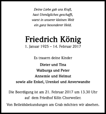 Anzeige von Friedrich König von Kölner Stadt-Anzeiger / Kölnische Rundschau / Express