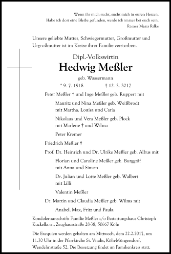 Anzeige von Hedwig Meßler von Kölner Stadt-Anzeiger / Kölnische Rundschau / Express
