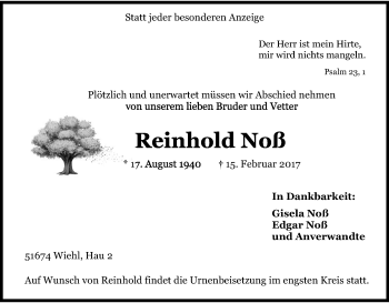 Anzeige von Reinhold Noß von Kölner Stadt-Anzeiger / Kölnische Rundschau / Express