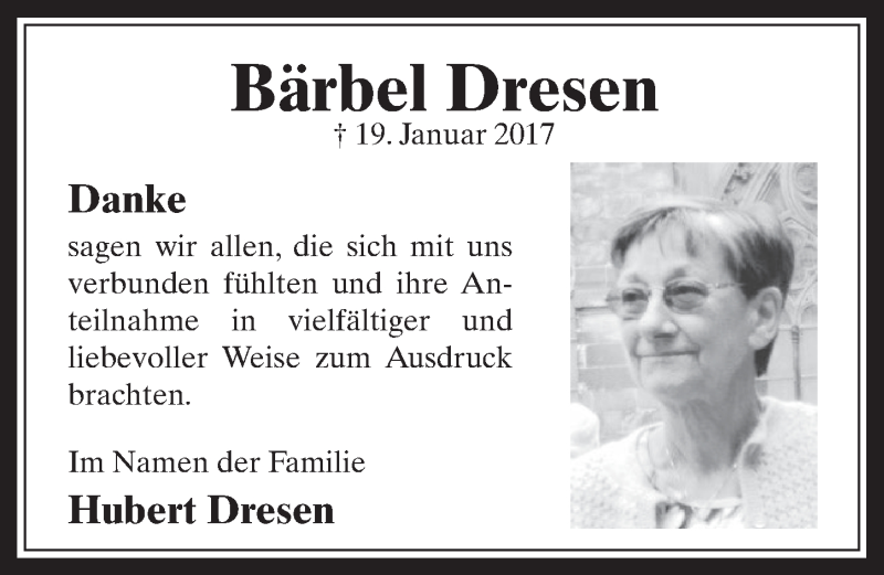  Traueranzeige für Bärbel Dresen vom 22.02.2017 aus  Werbepost 