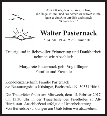 Anzeige von Walter Pasternack von  Wochenende 