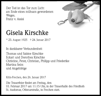 Anzeige von Gisela Kirschke von Kölner Stadt-Anzeiger / Kölnische Rundschau / Express
