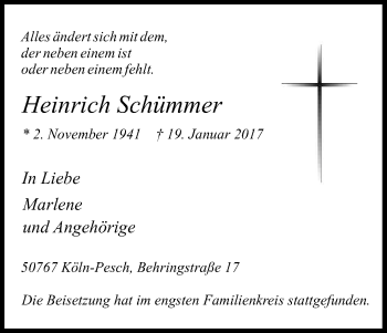 Anzeige von Heinrich Schümmer von Kölner Stadt-Anzeiger / Kölnische Rundschau / Express