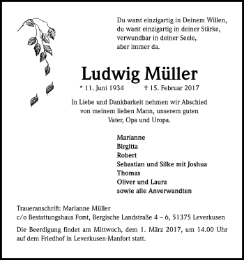 Anzeige von Ludwig Müller von Kölner Stadt-Anzeiger / Kölnische Rundschau / Express