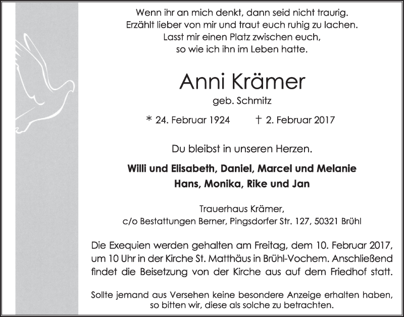  Traueranzeige für Anni Krämer vom 08.02.2017 aus  Schlossbote/Werbekurier 