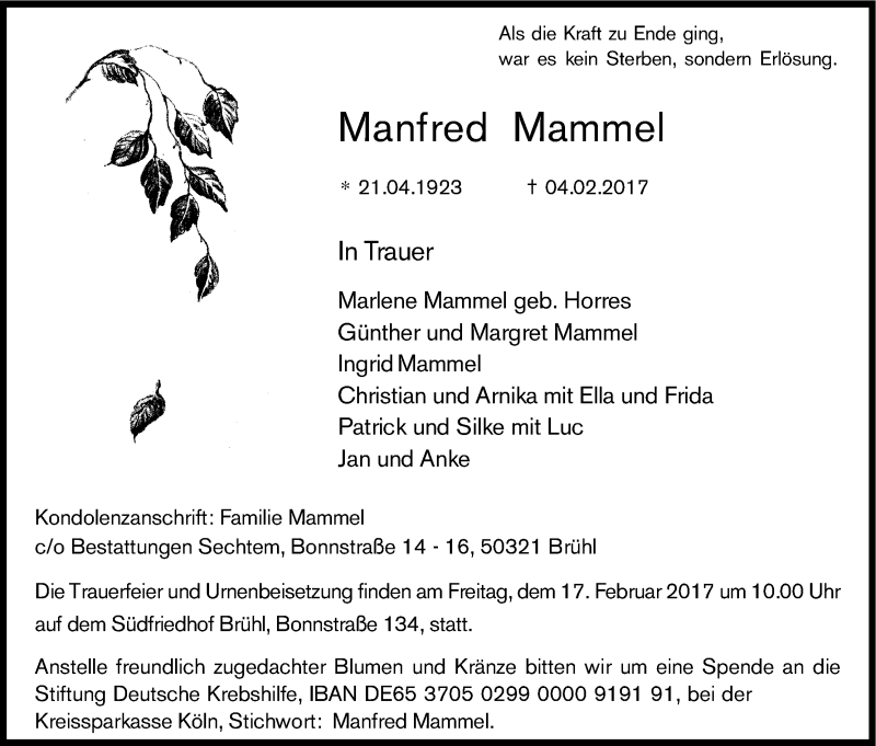  Traueranzeige für Manfred Mammel vom 11.02.2017 aus Kölner Stadt-Anzeiger / Kölnische Rundschau / Express