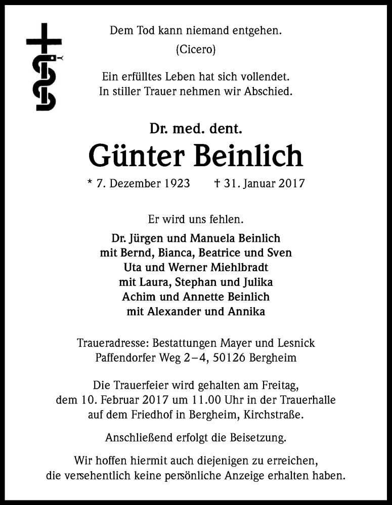  Traueranzeige für Günter Beinlich vom 04.02.2017 aus Kölner Stadt-Anzeiger / Kölnische Rundschau / Express