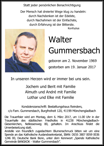 Anzeige von Walter Gummersbach von Kölner Stadt-Anzeiger / Kölnische Rundschau / Express