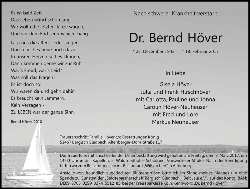  Traueranzeige für Bernd Höve vom 25.02.2017 aus Kölner Stadt-Anzeiger / Kölnische Rundschau / Express