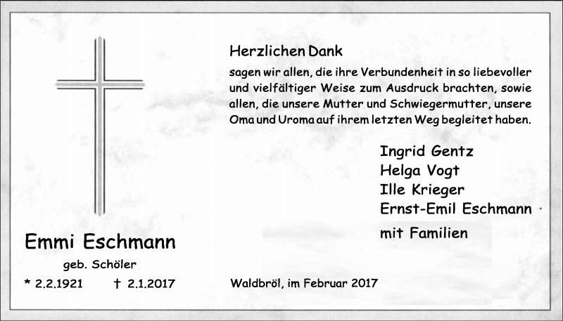  Traueranzeige für Emmi Eschmann vom 08.02.2017 aus  Lokalanzeiger 