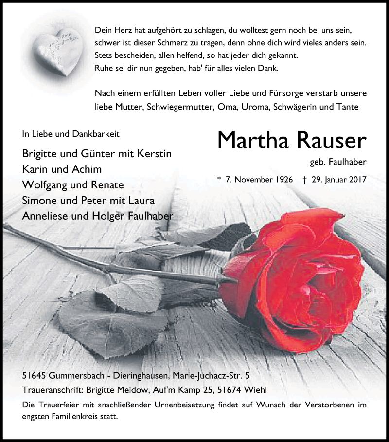  Traueranzeige für MArtha Rauser vom 04.02.2017 aus Kölner Stadt-Anzeiger / Kölnische Rundschau / Express
