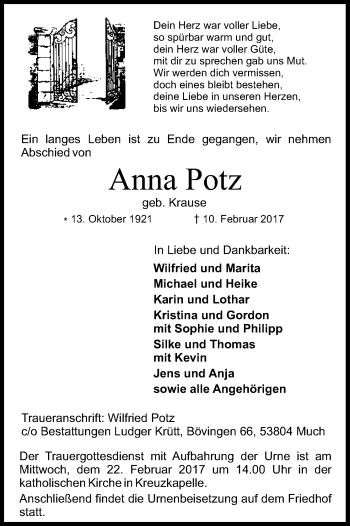 Anzeige von Anna Potz von Kölner Stadt-Anzeiger / Kölnische Rundschau / Express
