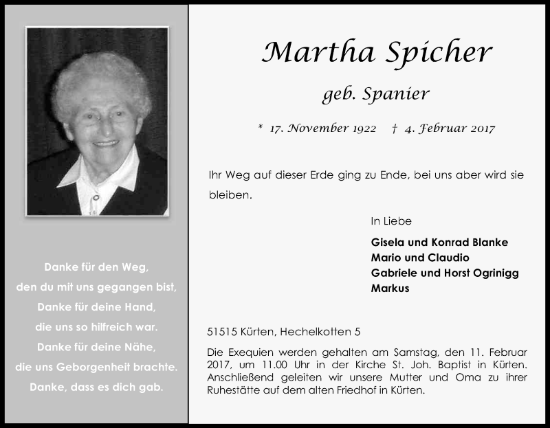  Traueranzeige für Martha Spicher vom 07.02.2017 aus Kölner Stadt-Anzeiger / Kölnische Rundschau / Express