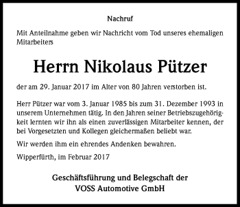 Anzeige von Nikolaus Pützer von Kölner Stadt-Anzeiger / Kölnische Rundschau / Express