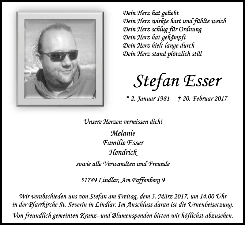  Traueranzeige für Stefan Esser vom 25.02.2017 aus Kölner Stadt-Anzeiger / Kölnische Rundschau / Express