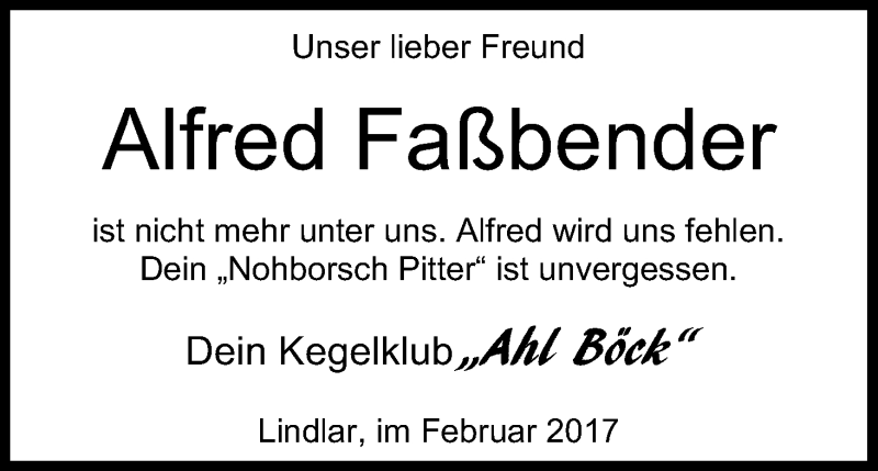  Traueranzeige für Alfred Faßbender vom 01.03.2017 aus Kölner Stadt-Anzeiger / Kölnische Rundschau / Express