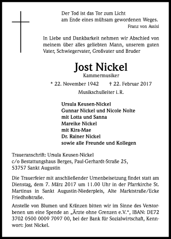 Anzeige von Jost Nickel von Kölner Stadt-Anzeiger / Kölnische Rundschau / Express