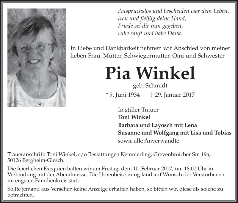  Traueranzeige für Pia Winkel vom 04.02.2017 aus  Sonntags-Post 