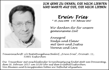 Anzeige von Erwin Fries von  Blickpunkt Euskirchen 
