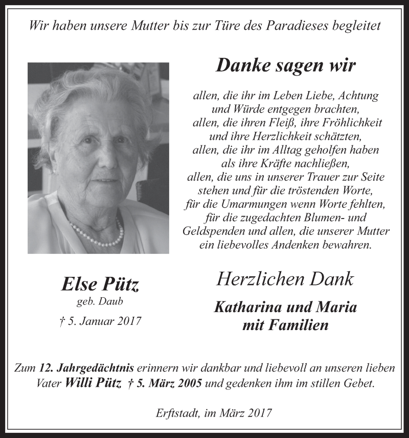  Traueranzeige für Else Pütz vom 01.03.2017 aus  Werbepost 