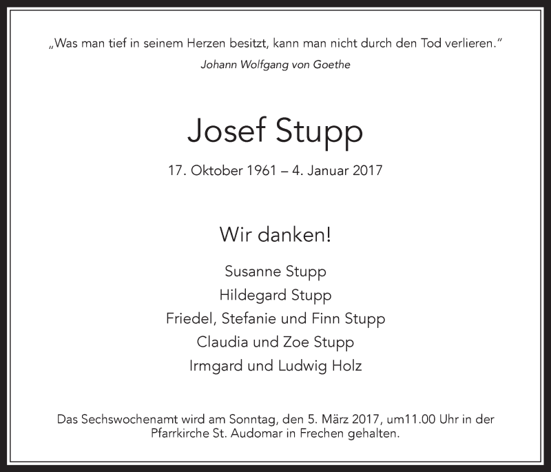  Traueranzeige für Josef Stupp vom 22.02.2017 aus  Wochenende 