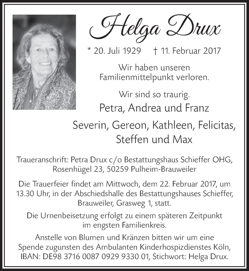  Traueranzeige für Helga Drux vom 18.02.2017 aus  Sonntags-Post 