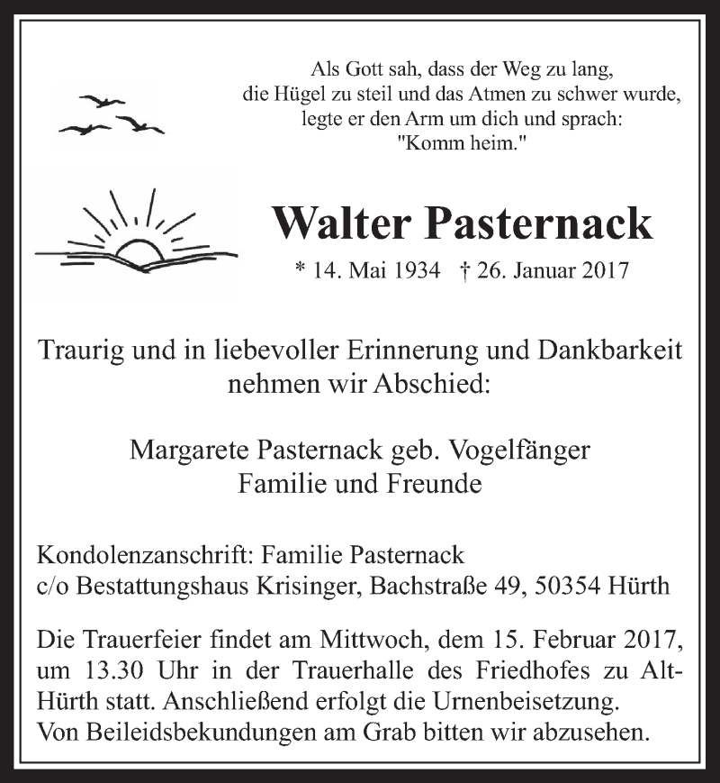  Traueranzeige für Walter Pasternack vom 08.02.2017 aus  Wochenende 