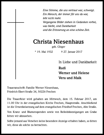 Anzeige von Christa Niesenhaus von Kölner Stadt-Anzeiger / Kölnische Rundschau / Express