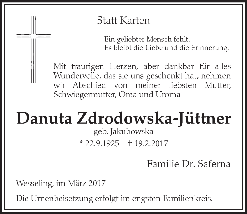  Traueranzeige für Danuta Zdrodowska-Jüttner vom 01.03.2017 aus  Schlossbote/Werbekurier 