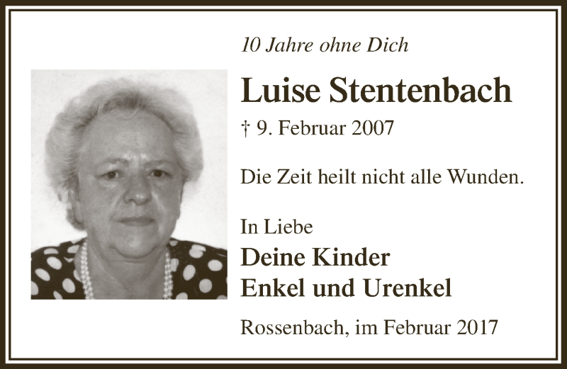  Traueranzeige für Luise Stentenbach vom 15.02.2017 aus  Lokalanzeiger 