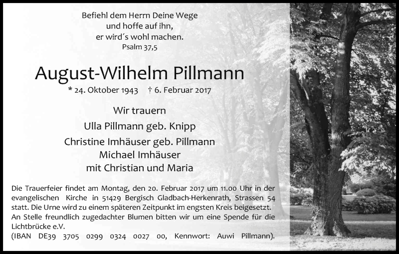  Traueranzeige für August-Wilhelm Pillmann vom 11.02.2017 aus Kölner Stadt-Anzeiger / Kölnische Rundschau / Express