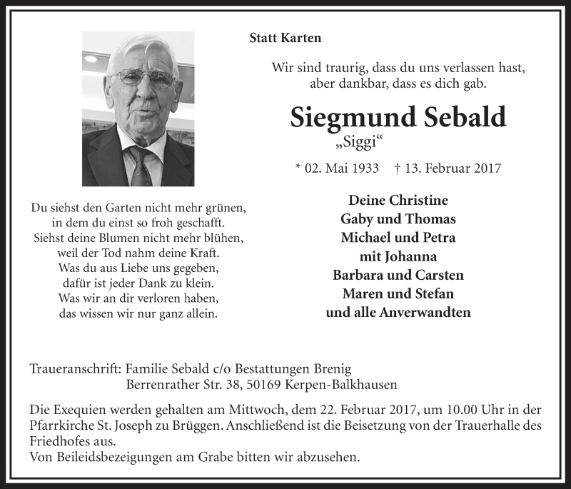  Traueranzeige für Siegmund Sebald vom 18.02.2017 aus  Sonntags-Post 