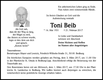 Anzeige von Toni Beib von Kölner Stadt-Anzeiger / Kölnische Rundschau / Express