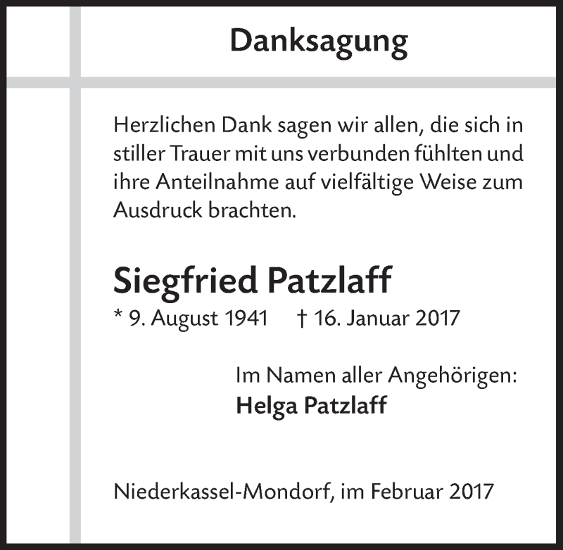  Traueranzeige für Siegfried Patzlaff vom 22.02.2017 aus  Extra Blatt 