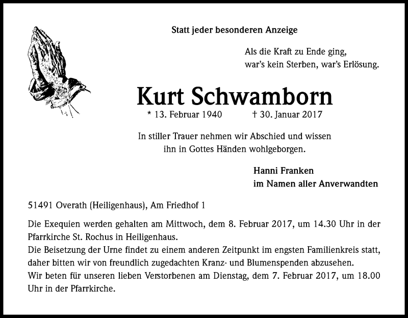  Traueranzeige für Kurt Schwamborn vom 04.02.2017 aus Kölner Stadt-Anzeiger / Kölnische Rundschau / Express