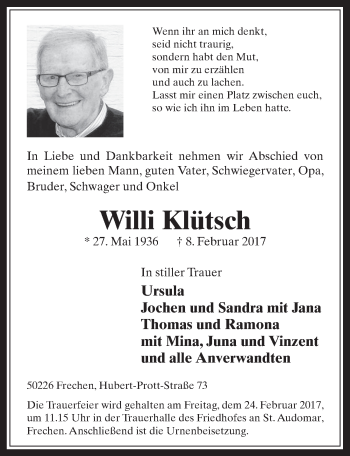 Anzeige von Willi Klütsch von  Wochenende 