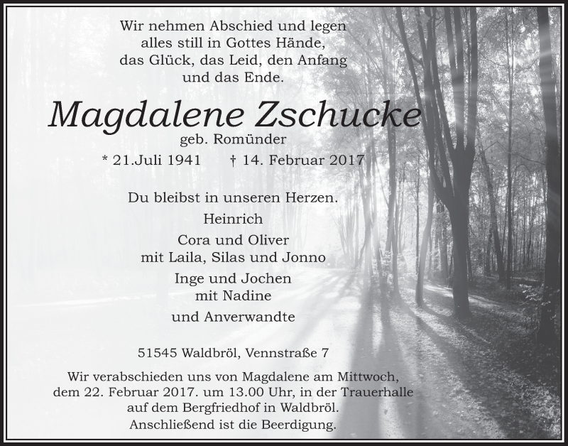  Traueranzeige für Magdalene Zschucke vom 22.02.2017 aus  Lokalanzeiger 