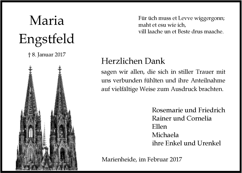  Traueranzeige für Maria Engstfeld vom 15.02.2017 aus  Anzeigen Echo 