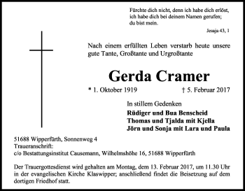 Anzeige von Gerda Cramer von Kölner Stadt-Anzeiger / Kölnische Rundschau / Express