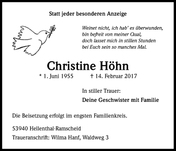 Anzeige von Christine Höhn von Kölner Stadt-Anzeiger / Kölnische Rundschau / Express