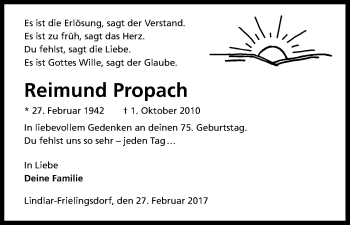 Anzeige von Reimund Probach von Kölner Stadt-Anzeiger / Kölnische Rundschau / Express